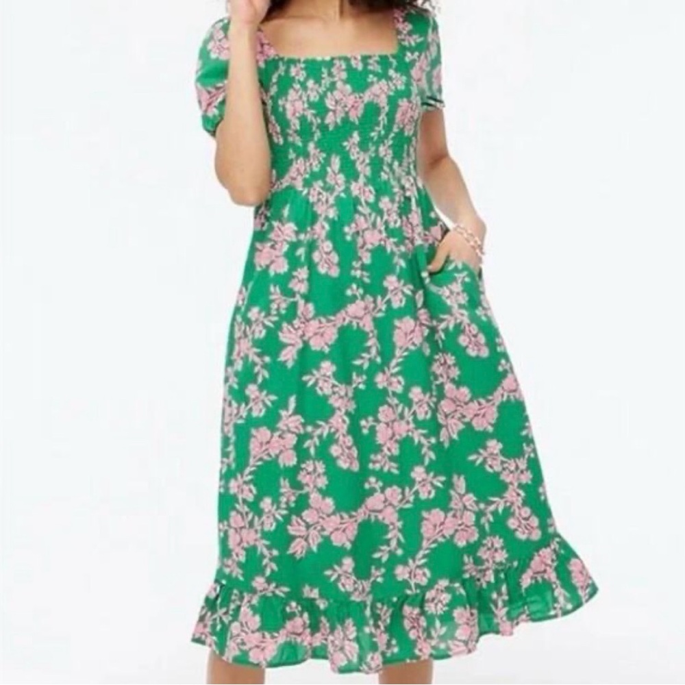 J. Crew Green Midi Dress with Pink Floral Print